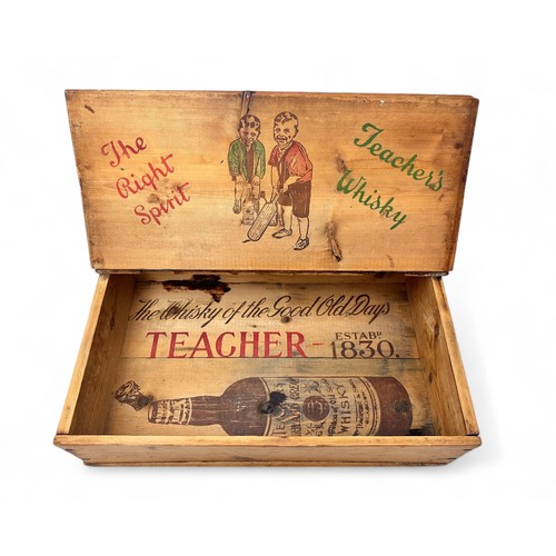 216 - Wooden Teacher's Whisky Box with hinged lid. Inside of lid  impressed into wood The Right Spirit, Te... 