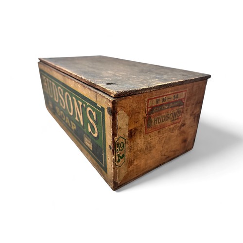 218 - Original Wooden Hudson's Soap Trade Box. Printed colour pictorial paper label to front panel, Hudson... 