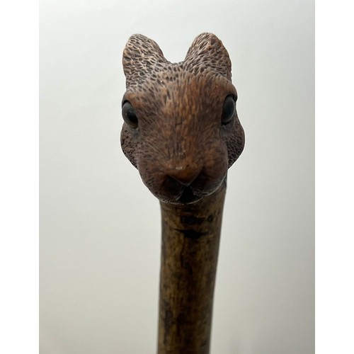 147 - A Brigg carved squirrel head walking stick with glass eyes, stamped Brigg. Length 92cm.