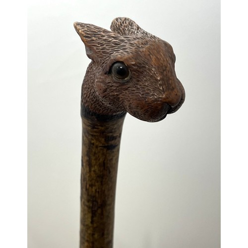 147 - A Brigg carved squirrel head walking stick with glass eyes, stamped Brigg. Length 92cm.