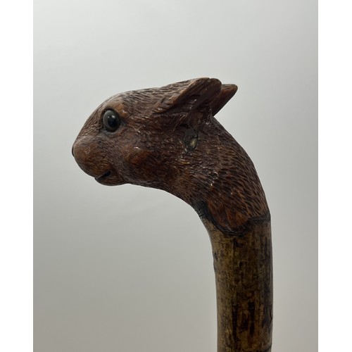 147 - A Brigg carved squirrel head walking stick with glass eyes, stamped Brigg. Length 92cm.