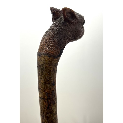 147 - A Brigg carved squirrel head walking stick with glass eyes, stamped Brigg. Length 92cm.