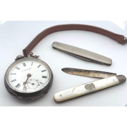 90 - A silver pocket watch by Ward & Son and two pocket knives, one with a silver blade and mother of pea... 