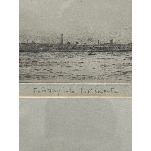 390 - Rowland Langmaid (British, 1897-1956), ‘Fairway into Portsmouth’ drypoint etching on paper. Signed a... 