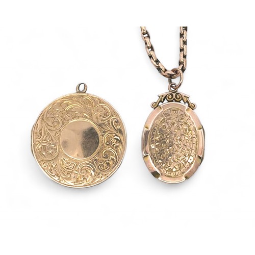 19 - A circular locket with outer foliate decoration and interna glazing, stamped 9ct, and an oval 9ct fr... 