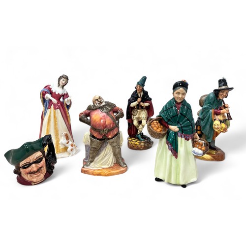 361 - Five Doulton figurines to include The Pied Piper HN2102,  Falstaff HN2054,  The Orange lady HN1953, ... 