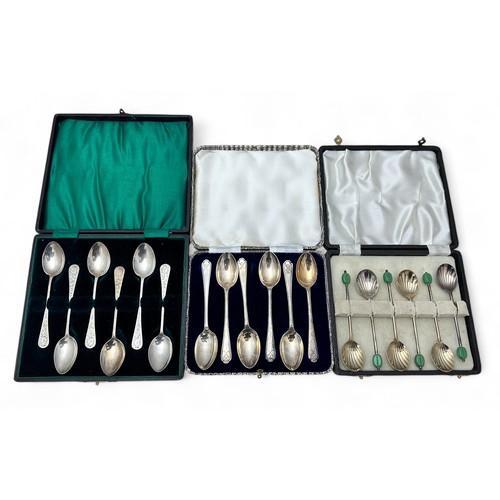 111 - Two sets of silver spoons and a set of EPNS 'coffee bean' spoons. One silver set with hallmarks for ... 