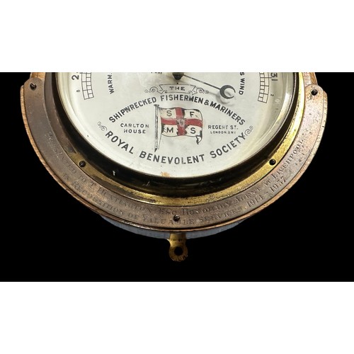 277 - Dolland London Marine Aneroid Barometer. Mid-twentieth century, oak cased with white ceramic dial. B... 