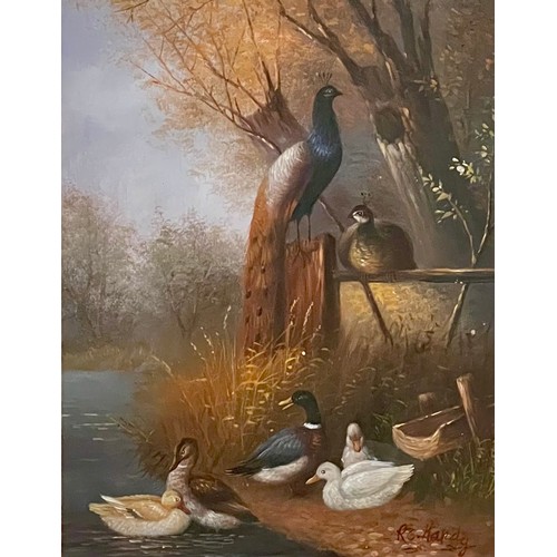 431 - RC Hardy (British, 20th Century) Pheasants and ducks oil on metal. Signed to lower right, possibly R... 