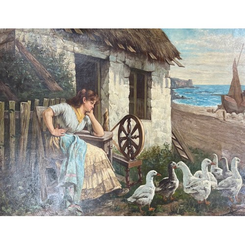 446 - Extensive 19th / 20th Century oil on canvas genre scene with a girl looking out to sea and ducks. In... 