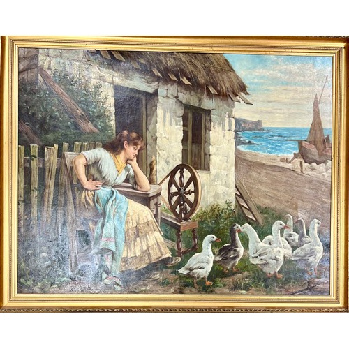 446 - Extensive 19th / 20th Century oil on canvas genre scene with a girl looking out to sea and ducks. In... 