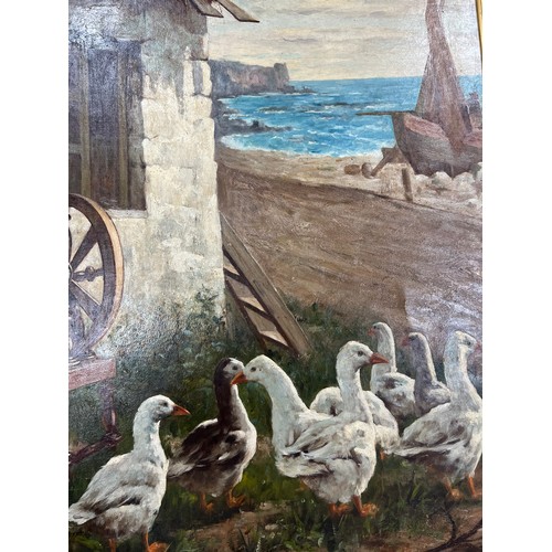 446 - Extensive 19th / 20th Century oil on canvas genre scene with a girl looking out to sea and ducks. In... 