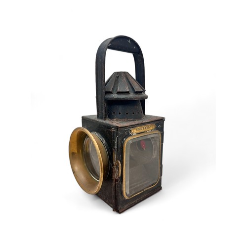 275 - Interesting Old Railway Lamp. Large clear circular lens to one side with brass deflector, another la... 