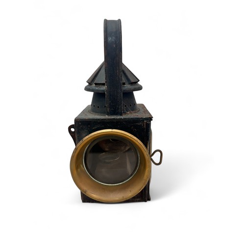 275 - Interesting Old Railway Lamp. Large clear circular lens to one side with brass deflector, another la... 