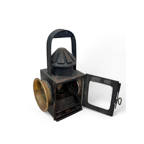 275 - Interesting Old Railway Lamp. Large clear circular lens to one side with brass deflector, another la... 