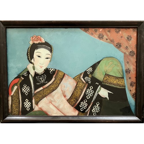 369 - Large Chinese reverse glass painting depicting a seated lady. 43cm x 63cm, frame measures 52cm x 72c... 