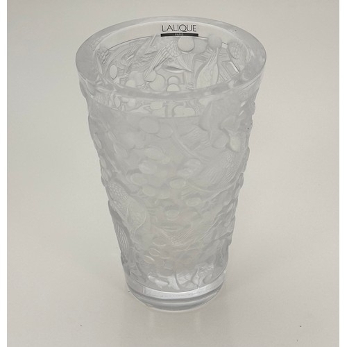 380 - Lalique, Merles et Raisins medium standing frosted glass vase. Etched to base for Lalique France and... 