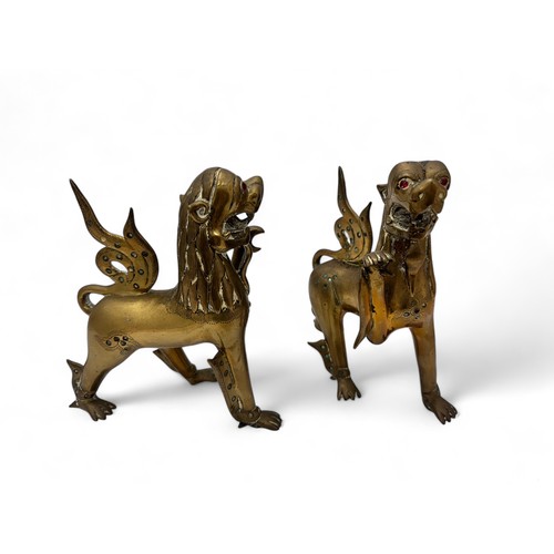 367 - Pair Stylish Brass Burmese/Thai Chinthe Lions. Encrusted with small coloured green and red stones,  ... 