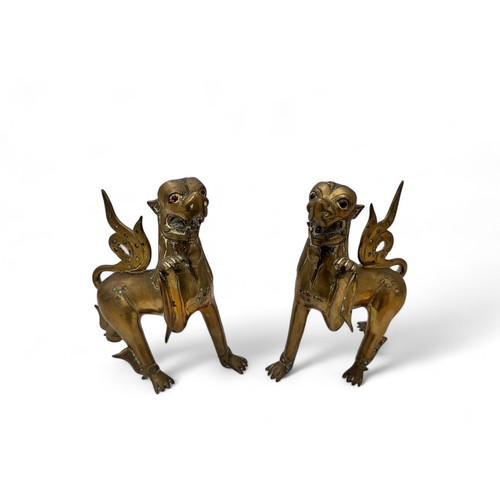 367 - Pair Stylish Brass Burmese/Thai Chinthe Lions. Encrusted with small coloured green and red stones,  ... 