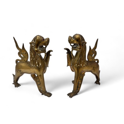 367 - Pair Stylish Brass Burmese/Thai Chinthe Lions. Encrusted with small coloured green and red stones,  ... 