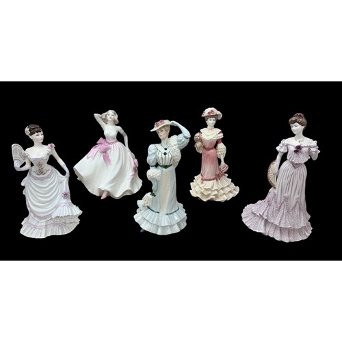 350 - Five Coalport figurines: 'La Belle Epoque' Lady Rose, 'Golden Age' Georgina and Beatrice at the Gard... 