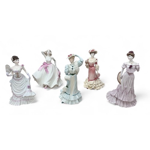 350 - Five Coalport figurines: 'La Belle Epoque' Lady Rose, 'Golden Age' Georgina and Beatrice at the Gard... 