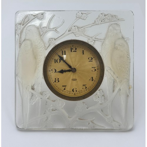 381 - René Lalique (French, 1860-1945), Inseperables opalescent glass clock, model 765, designed circa 192... 