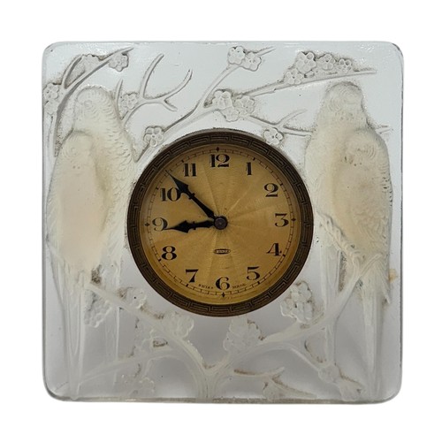 381 - René Lalique (French, 1860-1945), Inseperables opalescent glass clock, model 765, designed circa 192... 