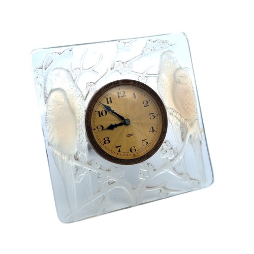 381 - René Lalique (French, 1860-1945), Inseperables opalescent glass clock, model 765, designed circa 192... 