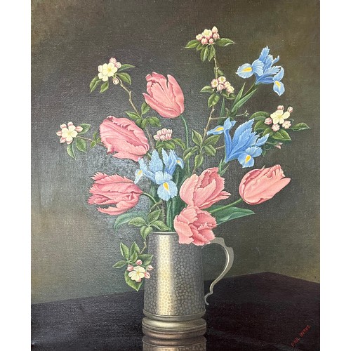 445 - Paul Burns (British, 20th Century), large floral still life oil on canvas. Signed to lower right, fr... 