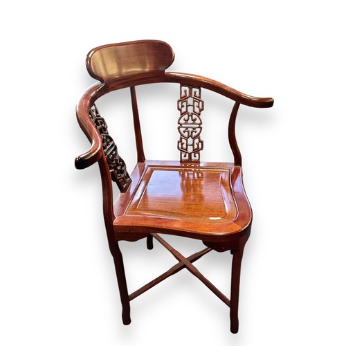 466 - Mahogany Chinese Inspired Corner Chair. Height 87cm x Width 64cm x Depth 42cm. BUYER TO COLLECT OR A... 