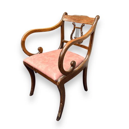 467 - A Pair Of Regency Style Harp Back Carver Chairs. Both chairs have pink vinyl covered padded seats. H... 