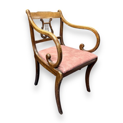 467 - A Pair Of Regency Style Harp Back Carver Chairs. Both chairs have pink vinyl covered padded seats. H... 