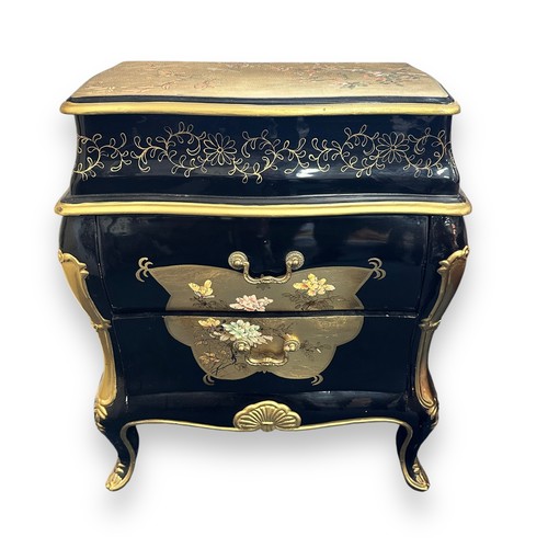 470 - Oriental Lacquered Drawers. Two drawers with open top compartment. With blossom pattern. Height 69cm... 