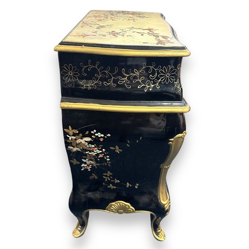 470 - Oriental Lacquered Drawers. Two drawers with open top compartment. With blossom pattern. Height 69cm... 