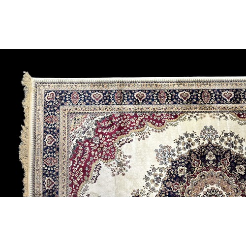 372 - Oriental / Middle Eastern silk rug, cream with red and blue detailing, foliate pattern. 235cm x 158c... 