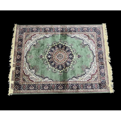 371 - Oriental / Middle Eastern silk rug, green with navy pattern. 160cm x 120cm.