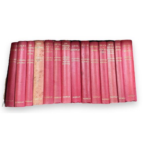 485 - Rudyard Kipling works in 14 volumes by Macmillan, 1952, hardback, red cloth with gilt titles to spin... 