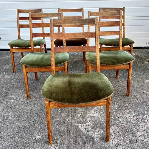 457 - Mid-century set of six Scandinavian style oak dining chairs, unsigned with green upholstery. Mixed c... 