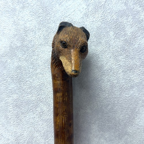 147A - A walking stick with the handle carved with the head of a fox with glass eyes, in the style of Swain... 