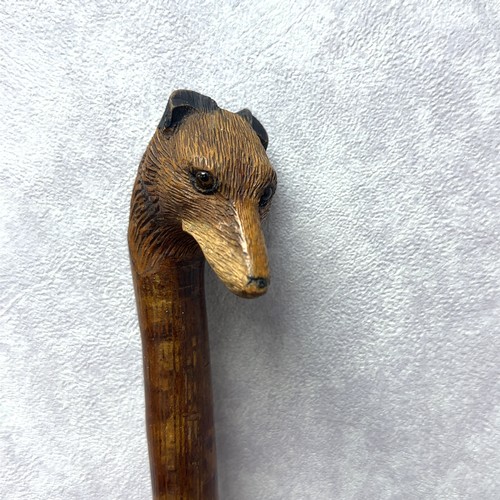 147A - A walking stick with the handle carved with the head of a fox with glass eyes, in the style of Swain... 