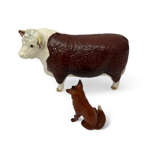 352A - Beswick Bull (Champion of Champions) and seated Fox, both marked to base. Qty 2