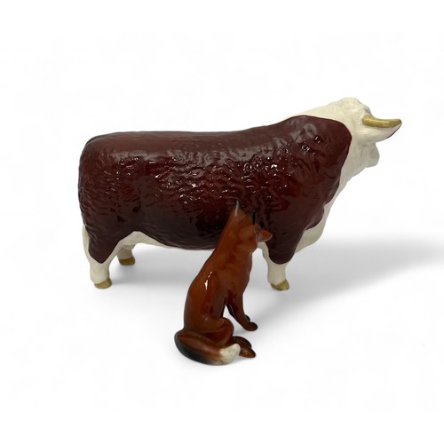 352A - Beswick Bull (Champion of Champions) and seated Fox, both marked to base. Qty 2