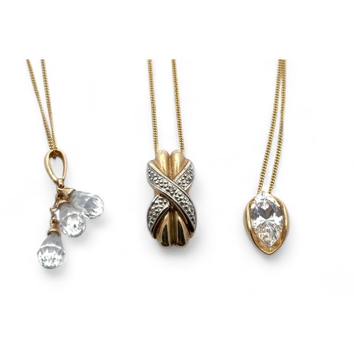 24 - Three gold and white stone necklaces. Includes a marquise cut CZ in a pendant stamped 14K on a chain... 