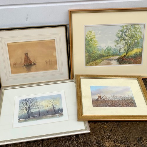 413 - Four watercolours, to include; Ships by M. Carter 19cm x 27cm, ‘Lane Near Temple Balsall’ by Joan  S... 