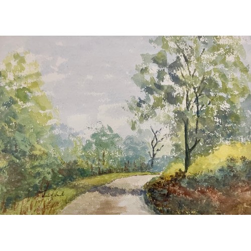 413 - Four watercolours, to include; Ships by M. Carter 19cm x 27cm, ‘Lane Near Temple Balsall’ by Joan  S... 