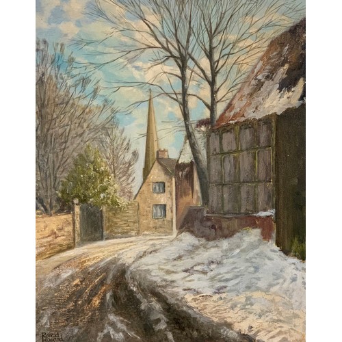 423A - Range of five idyllic artworks, to include; ‘Snow in the Cotswolds’ by Ronald Howard oil on board 50... 