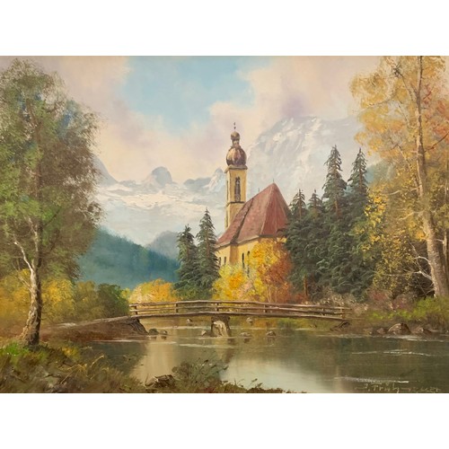 434A - European 20th Century indistinctly signed oil on canvas landscape of the Church of St. Sebastian Ram... 