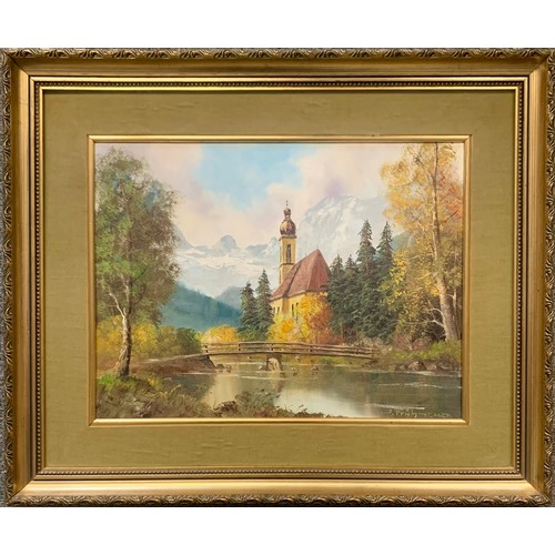 434A - European 20th Century indistinctly signed oil on canvas landscape of the Church of St. Sebastian Ram... 