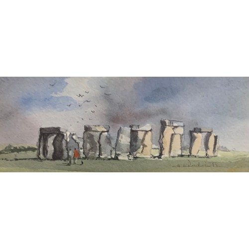 402A - Seven miniature artworks, to include; Andy Le Poidevin (British, 20th Century) ‘Spring at Avebury’ &... 